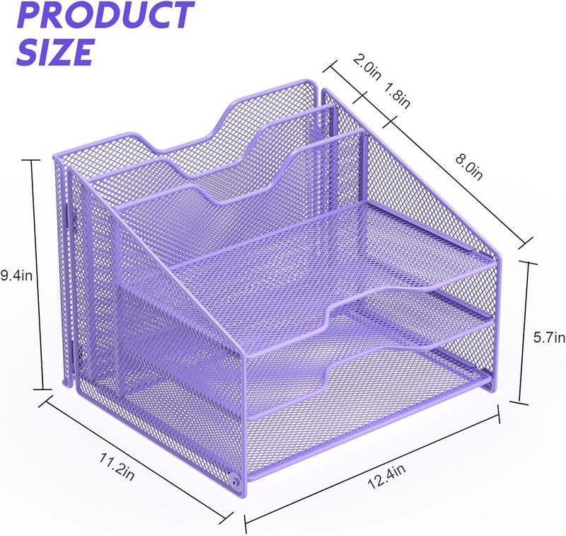 Samstar Purple Desk File Organizer, Mesh Letter File Folder Holder with 3 Paper Trays and 2 Vertical Upright Section, for Office Supplies, Desk Accessories & Workspace, Purple - Image 2